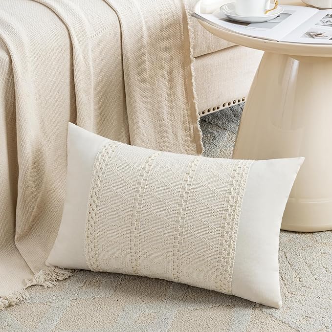 Fancy Homi Set of 2 Boho Cream Lumbar Decorative Throw Pillow Cover 12x20 Inch - Image 2