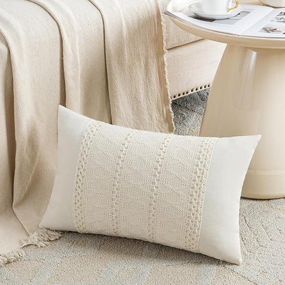 Fancy Homi Set of 2 Boho Cream Lumbar Decorative Throw Pillow Cover 12x20 Inch - Image 2