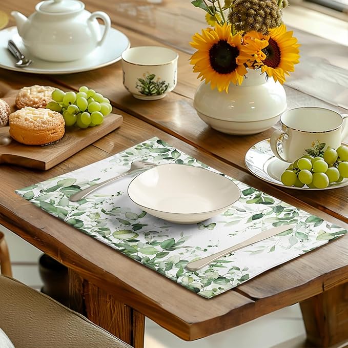 Sage Green Leaf Placemats Set of 4 Eucalyptus Leaves Place Mats 12×18 Inch - Image 6