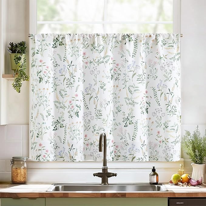 jinchan Spring Floral Kitchen Curtain Over Sink Farmhouse Linen Tier Curtain 24 by JINCHAN