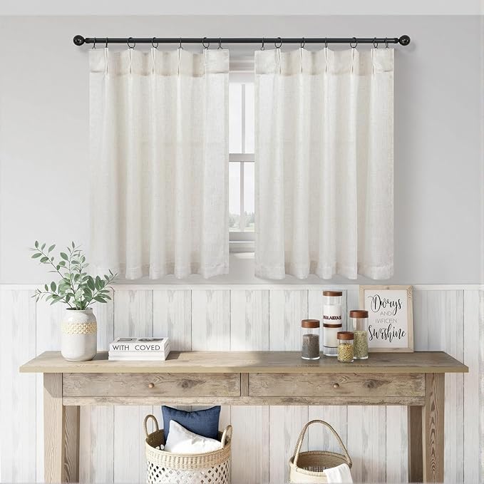 Pinch Pleated Cream Linen Kitchen Curtain 24 Inch Length 2 Panel Set Modern - Image 5