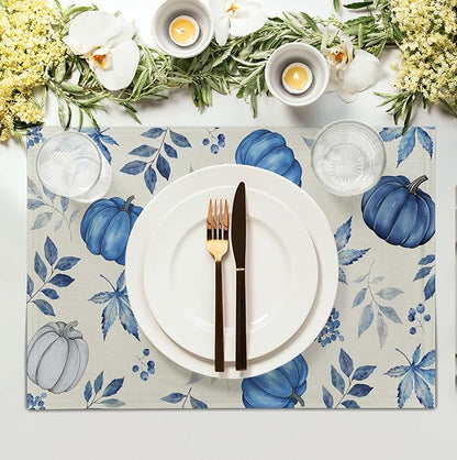 Blue Pumpkin Maple Leaves Fall Placemats Set of 4 Autumn Thanksgiving Harvest - Image 3