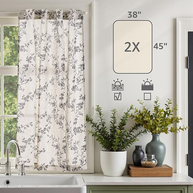 jinchan Floral Kitchen Curtains 45 Inch Linen Tier Curtains Farmhouse Cafe Half - Image 7