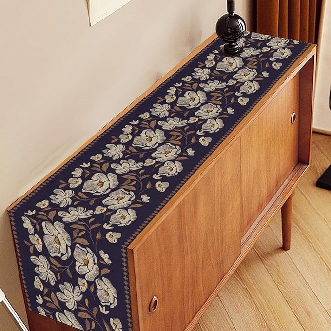 Dark Floral Table Runner, Abstract White Flower Seasonal Coffee Table Center - Image 3