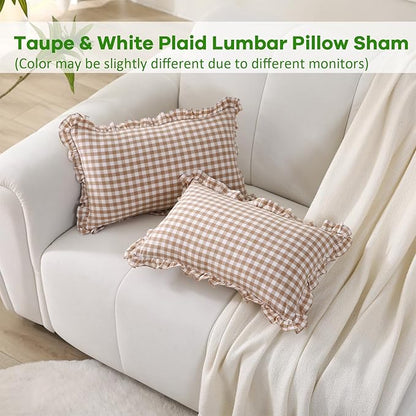 2 Pack Taupe Plaid Ruffle Gingham Lumbar Throw Pillow Shams, 100% Washed Cotton - Image 2