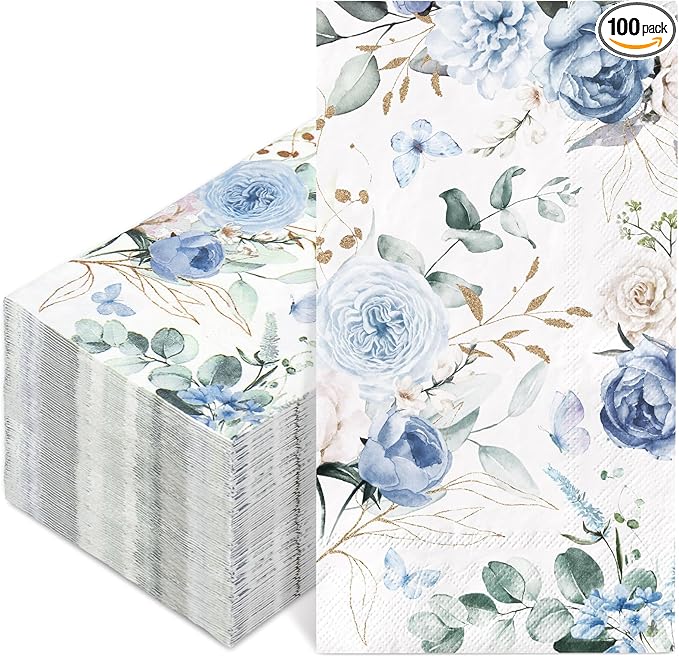 100Pcs Floral Guest Napkin Watercolor Blue Flower Butterfly Disposable Napkin by Unknown