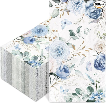 100Pcs Floral Guest Napkin Watercolor Blue Flower Butterfly Disposable Napkin by Unknown