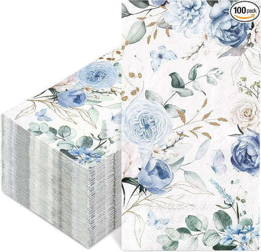 100Pcs Floral Guest Napkin Watercolor Blue Flower Butterfly Disposable Napkin by Unknown