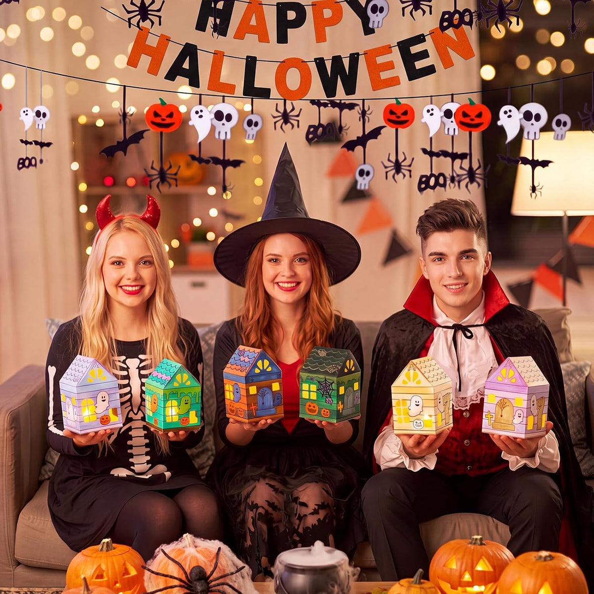 Glooglitter 36 Sets Halloween Lantern Craft Kit, DIY Paper Haunted House