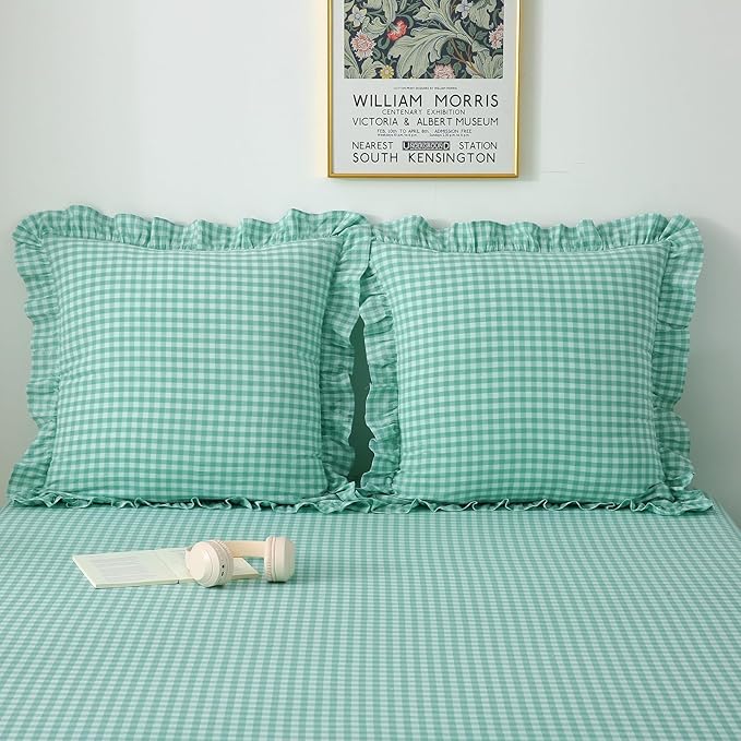 2 Pack Spa Blue White Plaid Ruffle Gingham Euro Pillow Sham Covers, 100% Washed - Image 7