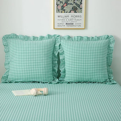 2 Pack Spa Blue White Plaid Ruffle Gingham Euro Pillow Sham Covers, 100% Washed - Image 7