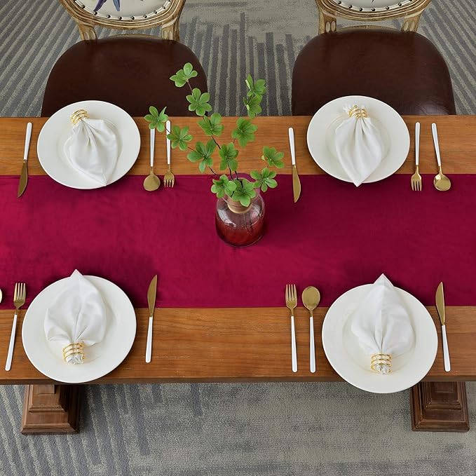 BALCONY & FALCON Velvet Table Runner 14"x118" Red Luxury Machine Washable - Image 3