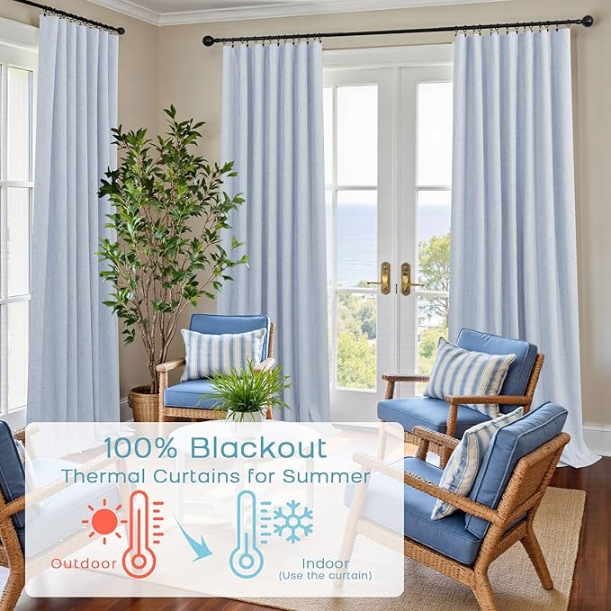 KOUFALL Light Blue Back Tab Linen Blackout Curtains 52x90 Inches Long - Image 3