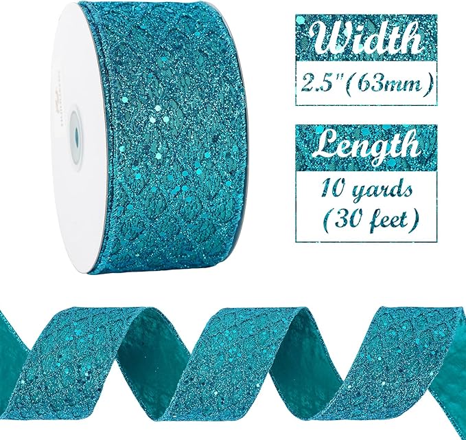 HUIHUANG Turquoise Glitter Wired Ribbon - Image 4