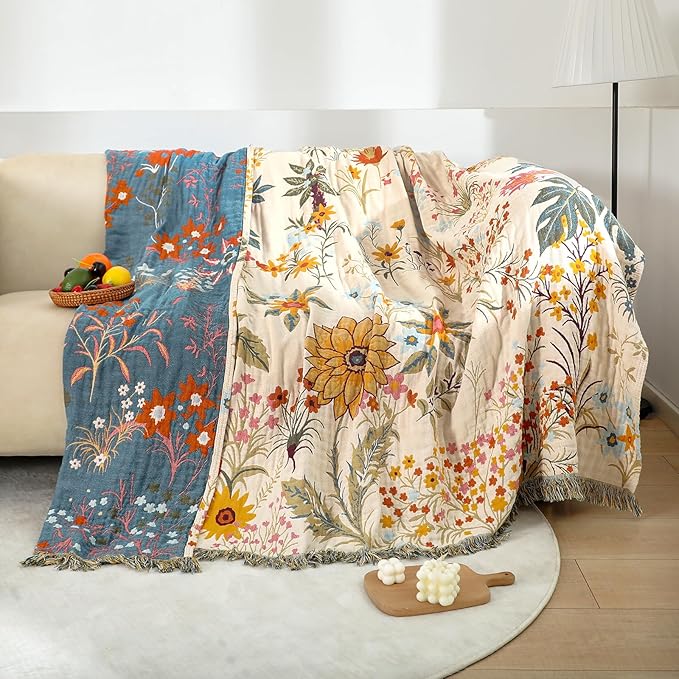 MSGKV Boho Throw Blanket for Couch Chair 100% Cotton Floral Blanket 50"x60" - Image 3