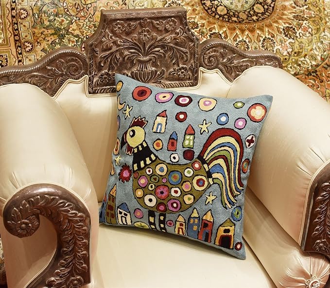 Blue Rooster Throw Pillow Cover Karla Gerard Folklore Pillowcase Cock Bird - Image 8