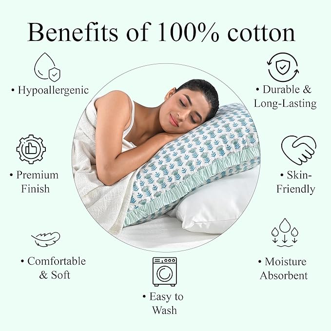 Ridhi Aquamarine Blue 100% Cotton Block Print Ruffle Bed Sham Cover 20''×36'' - Image 7