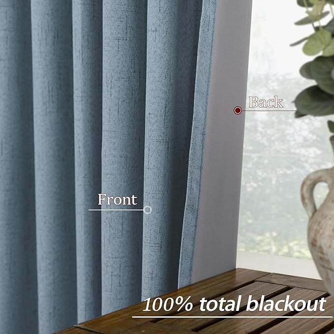 KOUFALL 52x102 Inches Long Stone Blue Back Tab Linen Blackout Curtains - Image 5