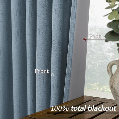 KOUFALL 52x102 Inches Long Stone Blue Back Tab Linen Blackout Curtains - Image 5