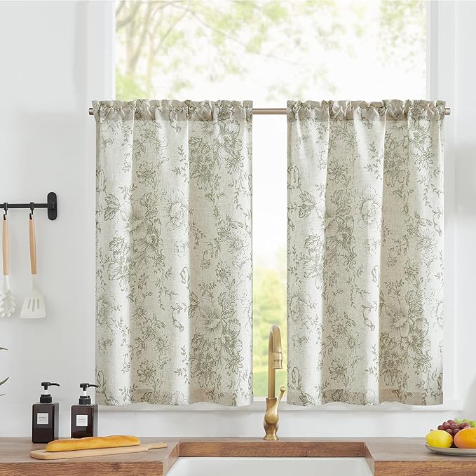 JINCHAN Floral Linen Tier Curtains Floral Sage on Beige Cafe Curtains 36 Inch by JINCHAN