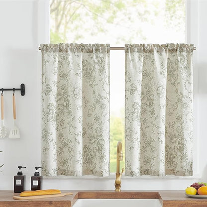 JINCHAN Floral Linen Tier Curtains Floral Sage on Beige Cafe Curtains 36 Inch by JINCHAN
