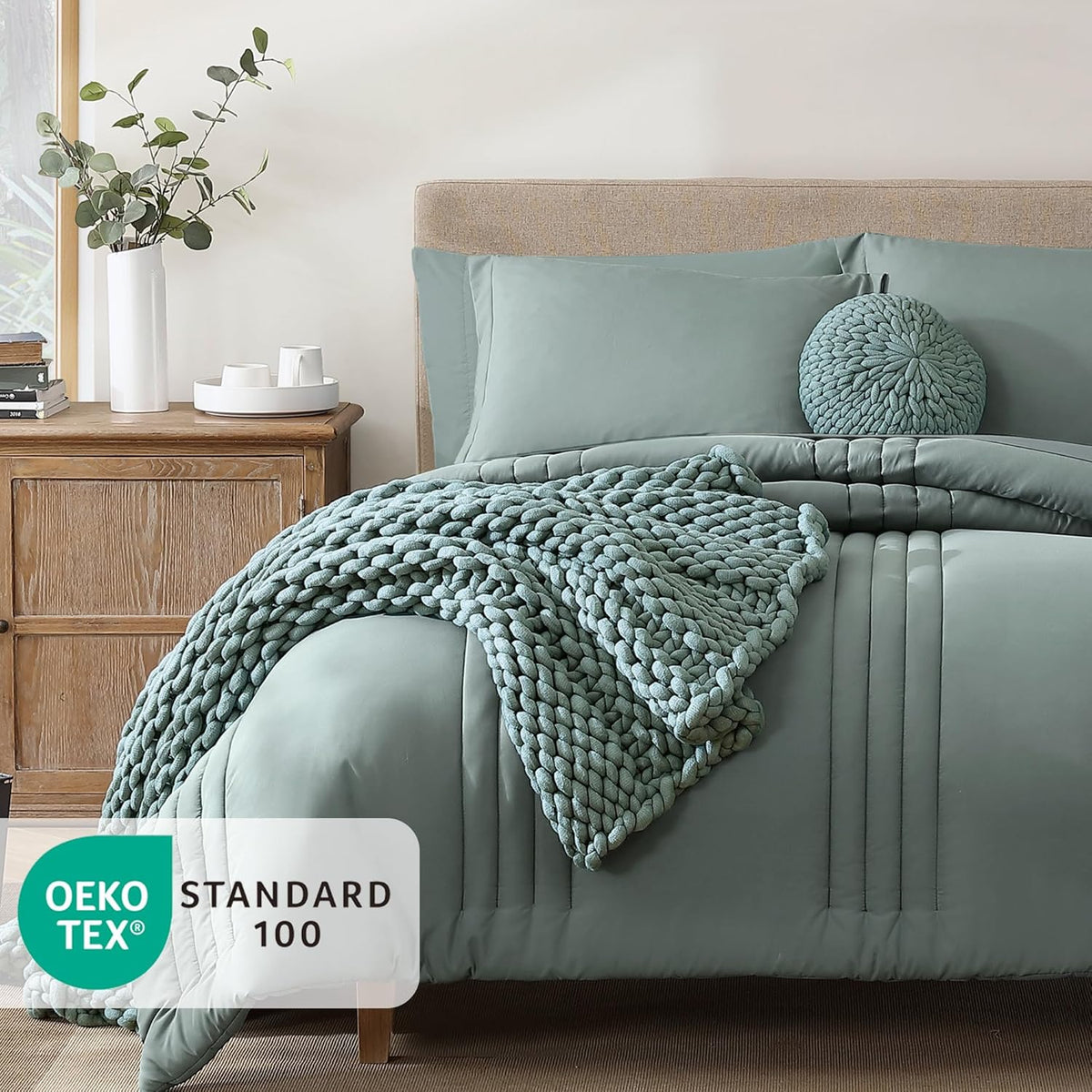 full size comforter sets-7 pieces sage soft bed, close-up detail