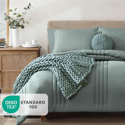 full size comforter sets-7 pieces sage soft bed, close-up detail
