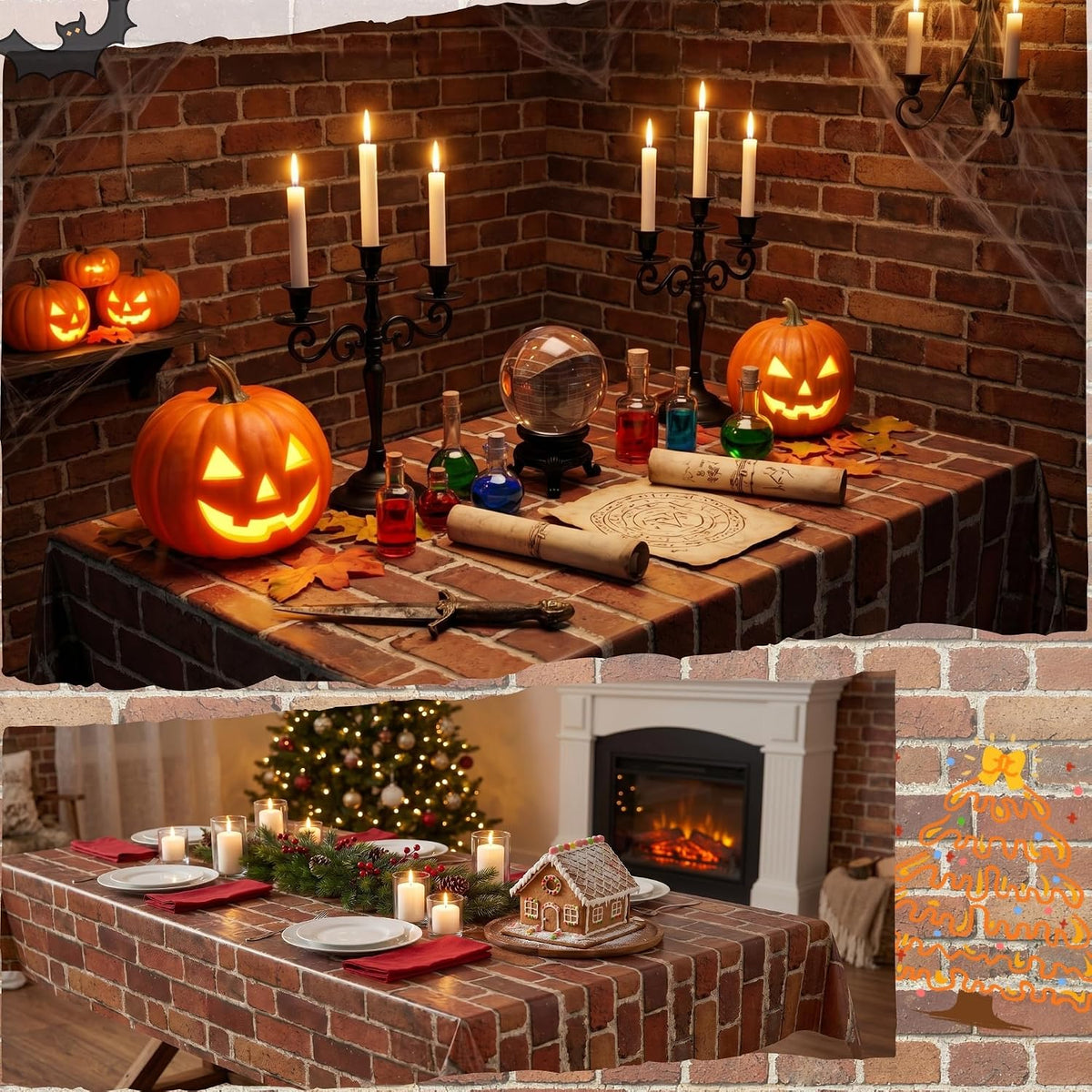 100FT x 54IN Halloween Red Brick Tablecloth Roll with Slide Cutter Box