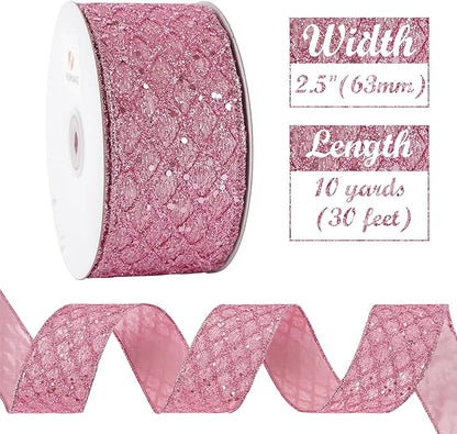HUIHUANG Pink Glitter Wired Ribbon - Image 4