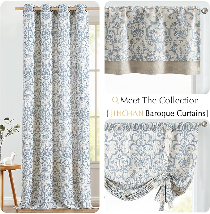 jinchan Linen Valance Curtain for Kitchen Vintage Damask Floral Blackout - Image 9