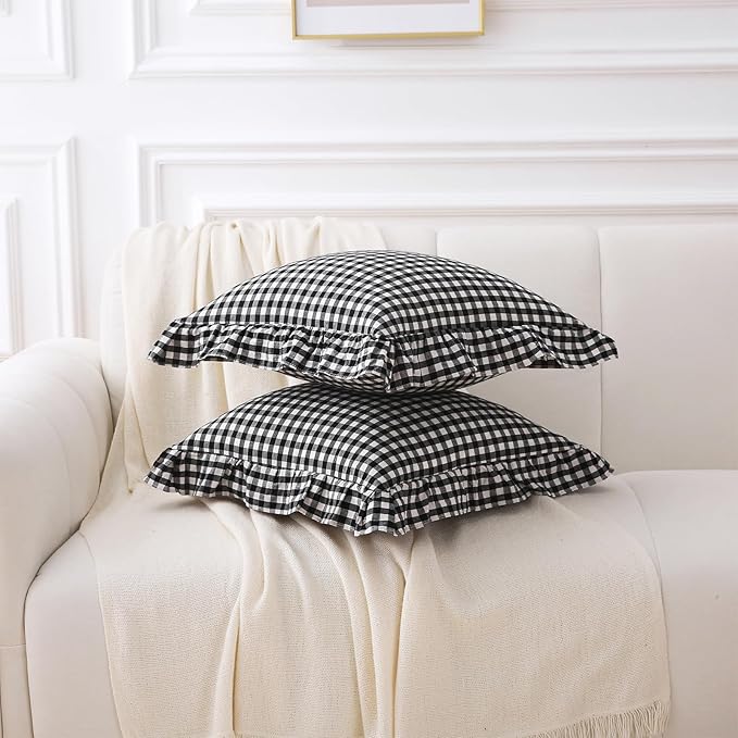 2 Pack Black White Plaid Ruffle Gingham Throw Pillow Covers, 100% Washed Cotton - Image 3