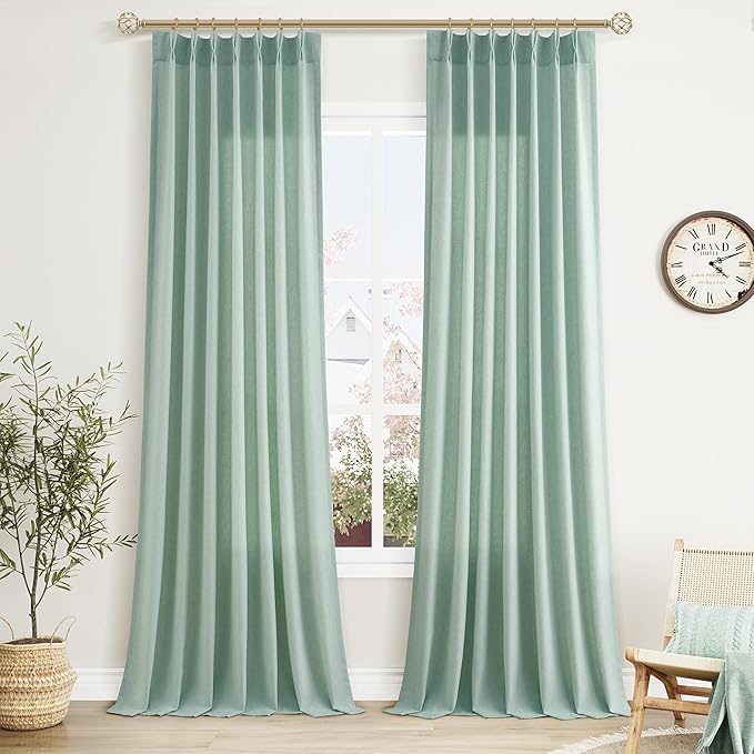 Aqua Green Pinch Pleated Linen Curtains 108 Inch Length 2 Panels by Aersas