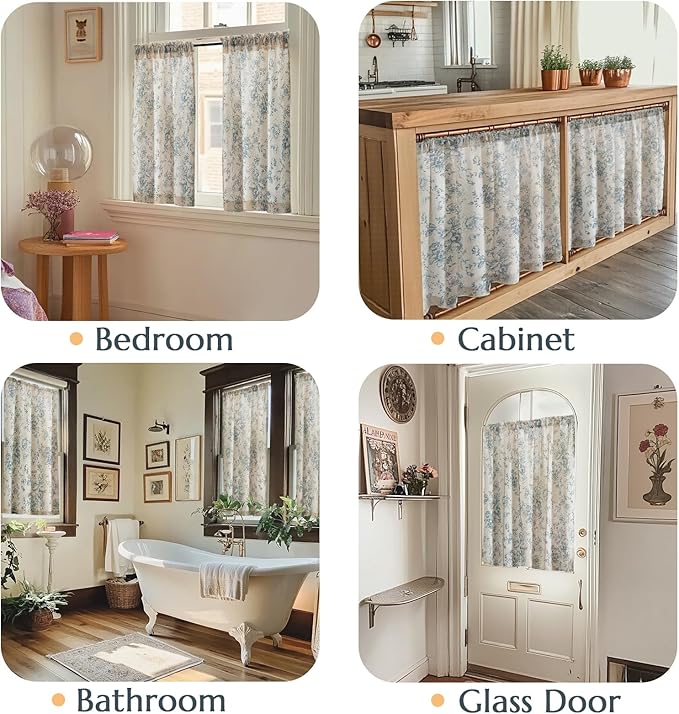 jinchan Floral Linen Tier Curtains 45 Inch Farmhouse Botanic Cafe Drapes - Image 3