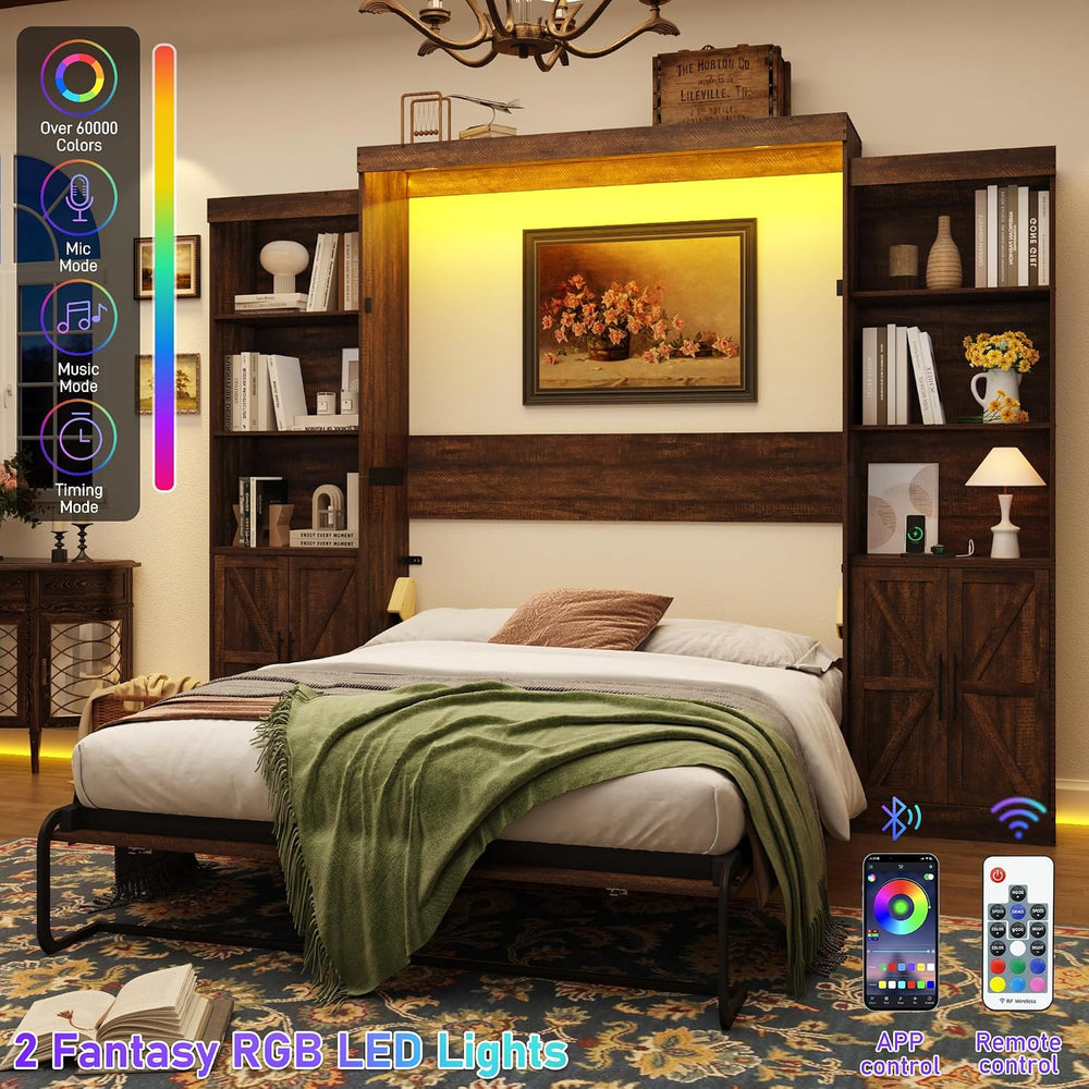 Hlivelood Queen Size Murphy Bed w/2 Storage Cabinet&2 LED Light, Farmhous...