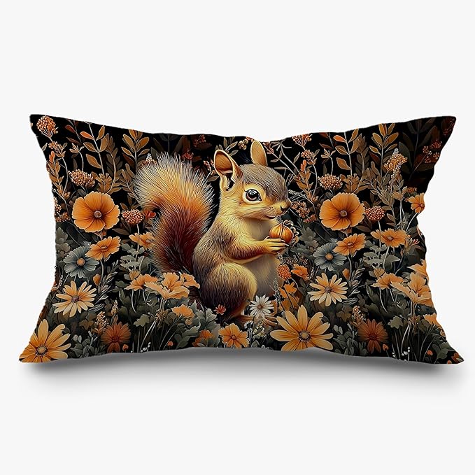 Rustic Fall Squirrel Floral Pillow Covers 12x20, Gifts by Exqcom