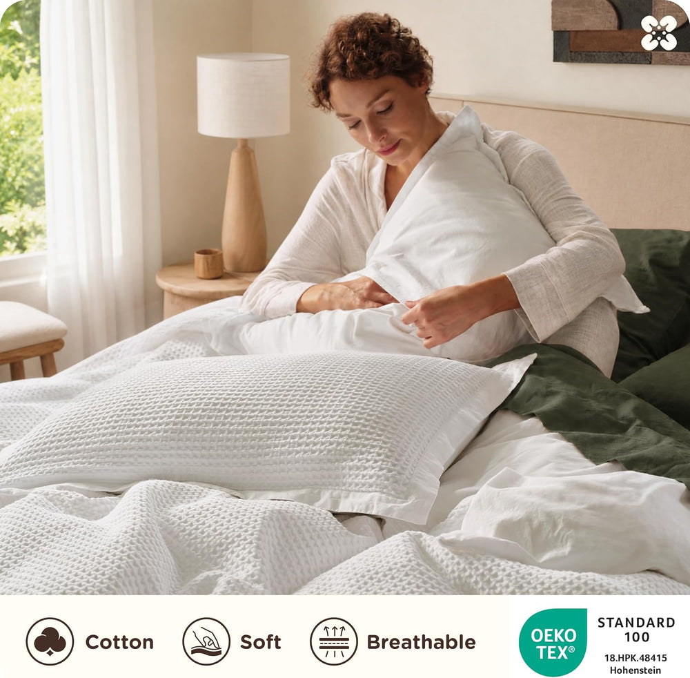 Bedsure PureWoven 3 Pieces 100% Cotton Waffle Duvet Cover Set, King, White