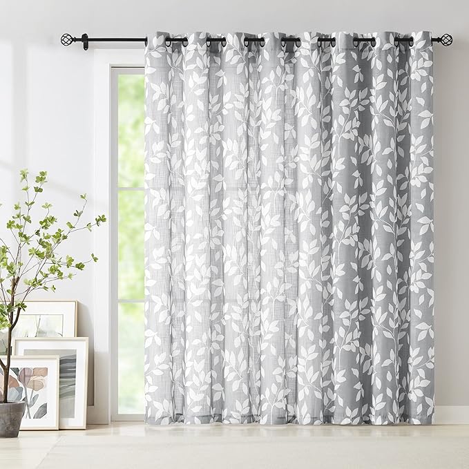 Grey White Sliding Door Curtain 84 inch Length Semi Sheer Leaf Print Curtains by Treatmentex