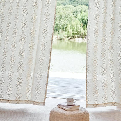 Linen Boho Curtains for Bedroom, 96 Inches Long Curtains Gold Foil Metallic - Image 9