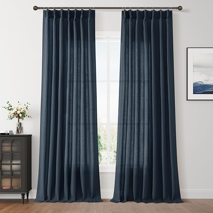 Pinch Pleated Vintage Blue Linen Curtains 90 Inches Long by Aersas