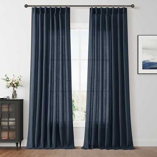Pinch Pleated Vintage Blue Linen Curtains 90 Inches Long by Aersas