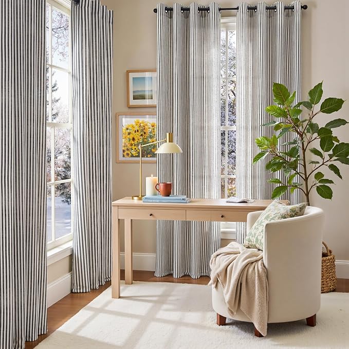 Vangao Linen Striped Black Curtains Boho Tickingstripe Light Filtering Window - Image 9