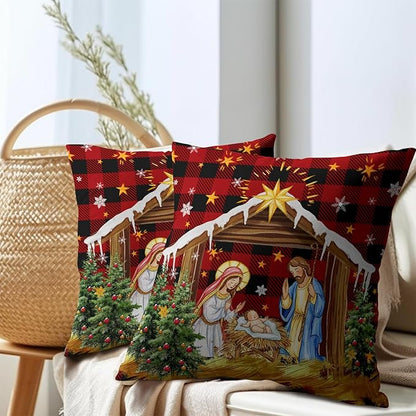Jesus Nativity Throw Pillow Cover 16x16 Inch Set of 2 Xmas Red Buffalo Plaid - Image 7