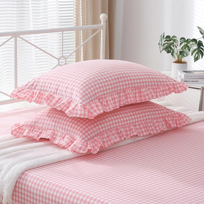 2 Pack Coral Pink Plaid Ruffle Gingham King Size Pillow Shams, 100% Washed - Image 3