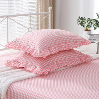 2 Pack Coral Pink Plaid Ruffle Gingham King Size Pillow Shams, 100% Washed - Image 3