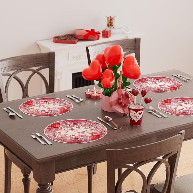 XCHI Wild Flowers Love Hearts Valentine’s Day Round Placemats Set of 4 Table - Image 4