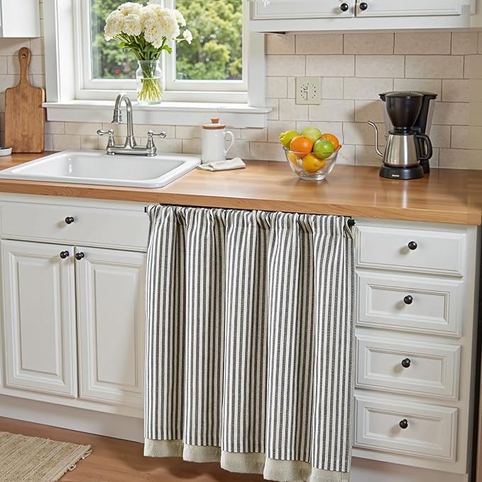 jinchan Double Layer Striped Linen Kitchen Tier Curtain Rustic Cafe - Image 3