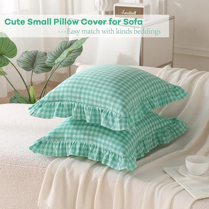 2 Pack Spa Blue White Plaid Ruffle Gingham Throw Pillow Covers, 100% Washed - Image 4