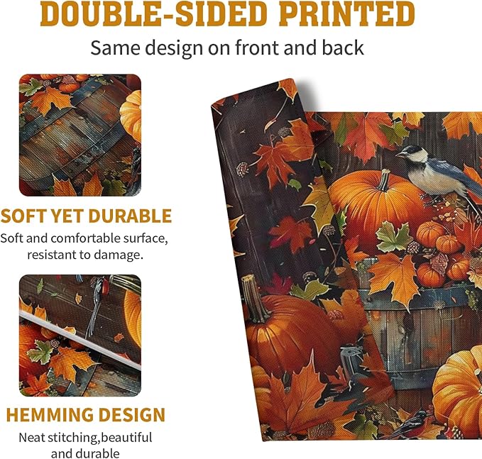 Pumpkin Maple Leaf Bird Fall Placemats Set of 4 Autumn Thanksgiving Seasonal - Image 5