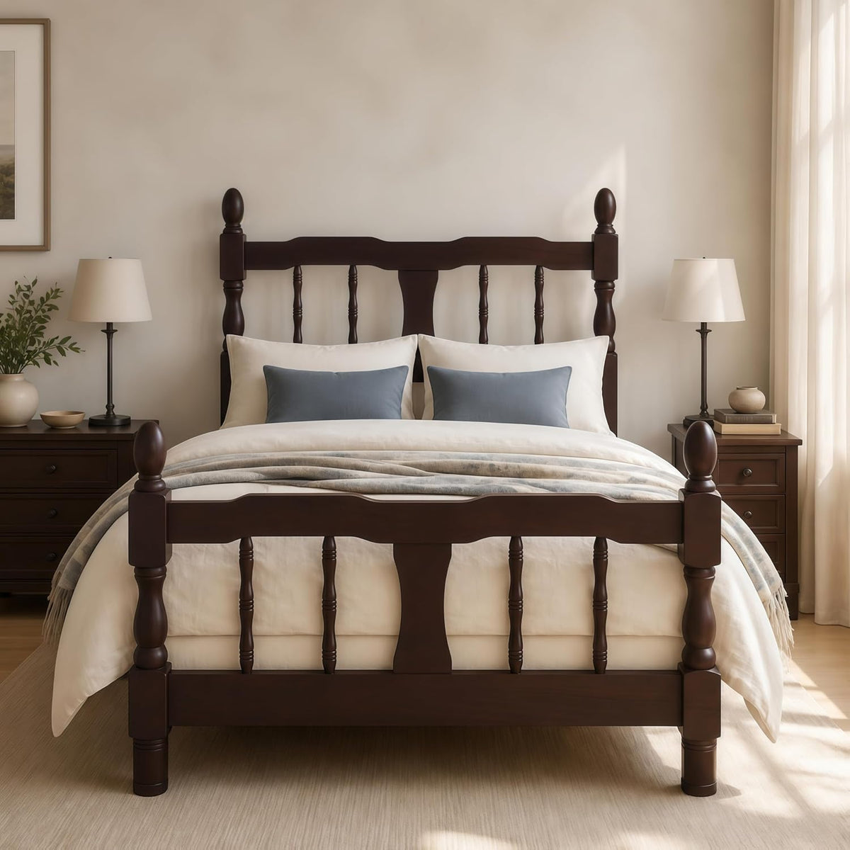 bellemave twin vintage wood spindle post bed,wooden platform, close-up detail