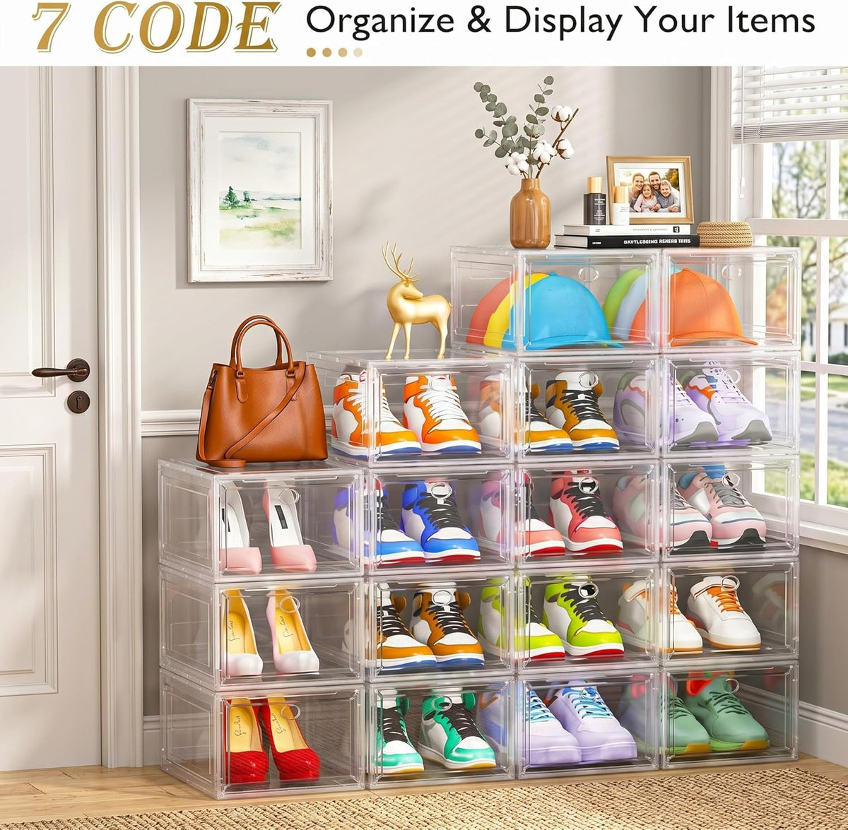 sturdy clear shoe organizer with magnetic door, stackable, side view